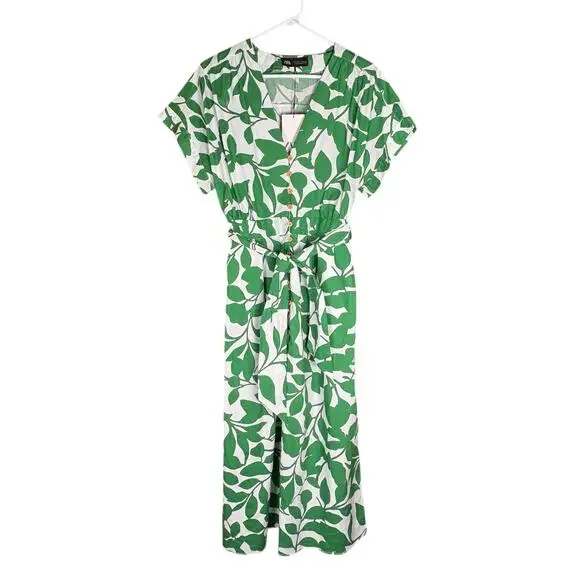 NWT Zara Floral Printed Midi Shirt Dress Women's L Cotton Green White Tropical - Picture 2 of 12
